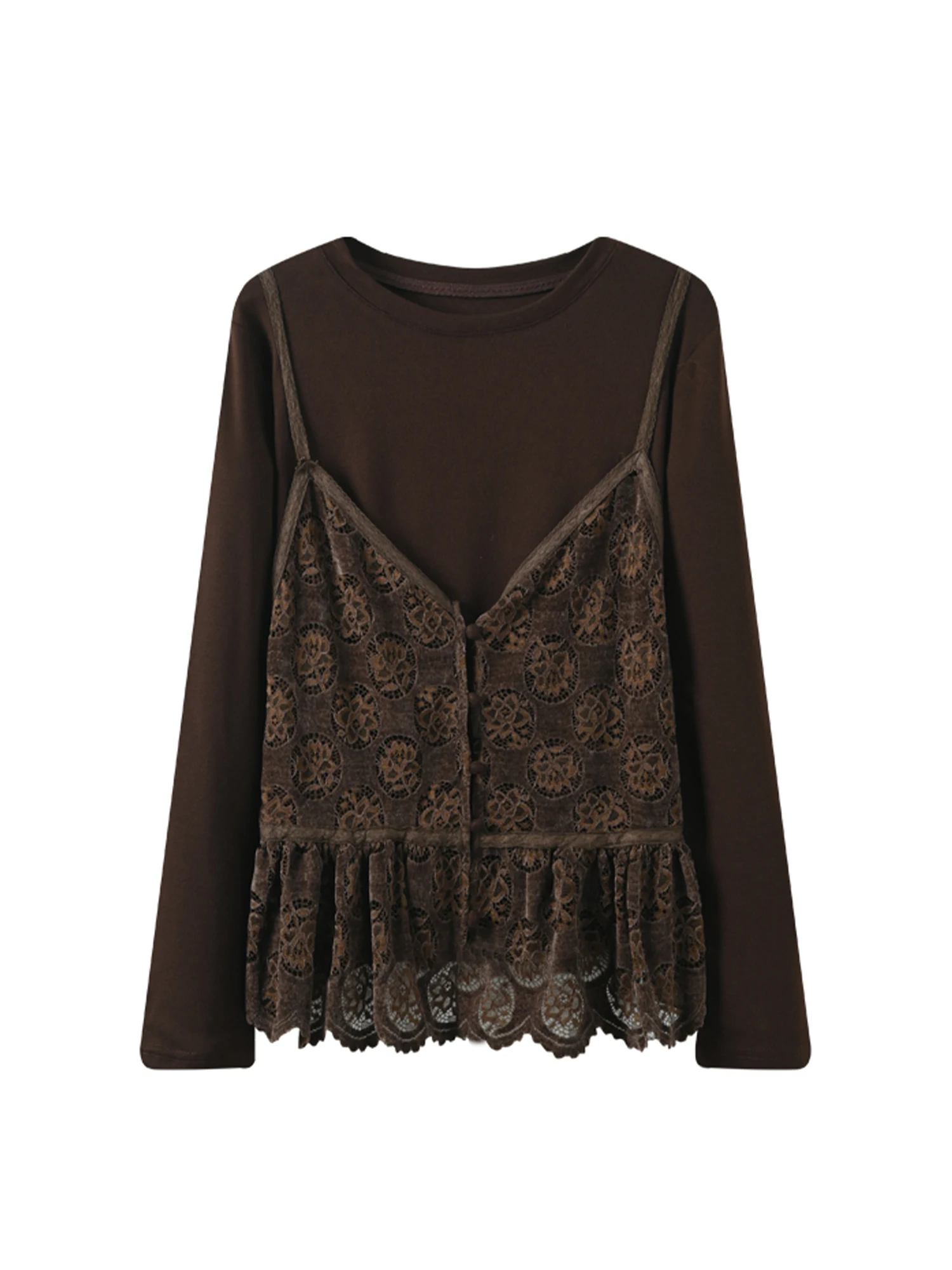 

Женская коричневая футболка с круглым вырезом, кружевная майка, комплект из 2 предметов, эстетичная футболка Y2k Gyaru, винтажные футболки с длинными рукавами 2000-х годов, одежда