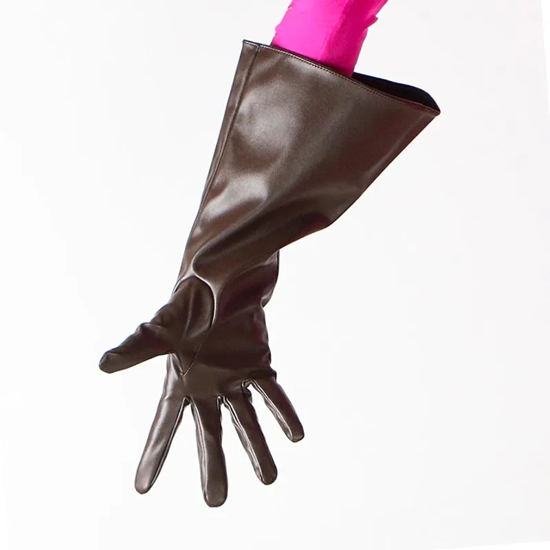 Women's Runway Fashion Wide Sleeve Brown PU Leather Long Glove Lady's Club Performance Formal Party Dancing Glove 38cm R1229