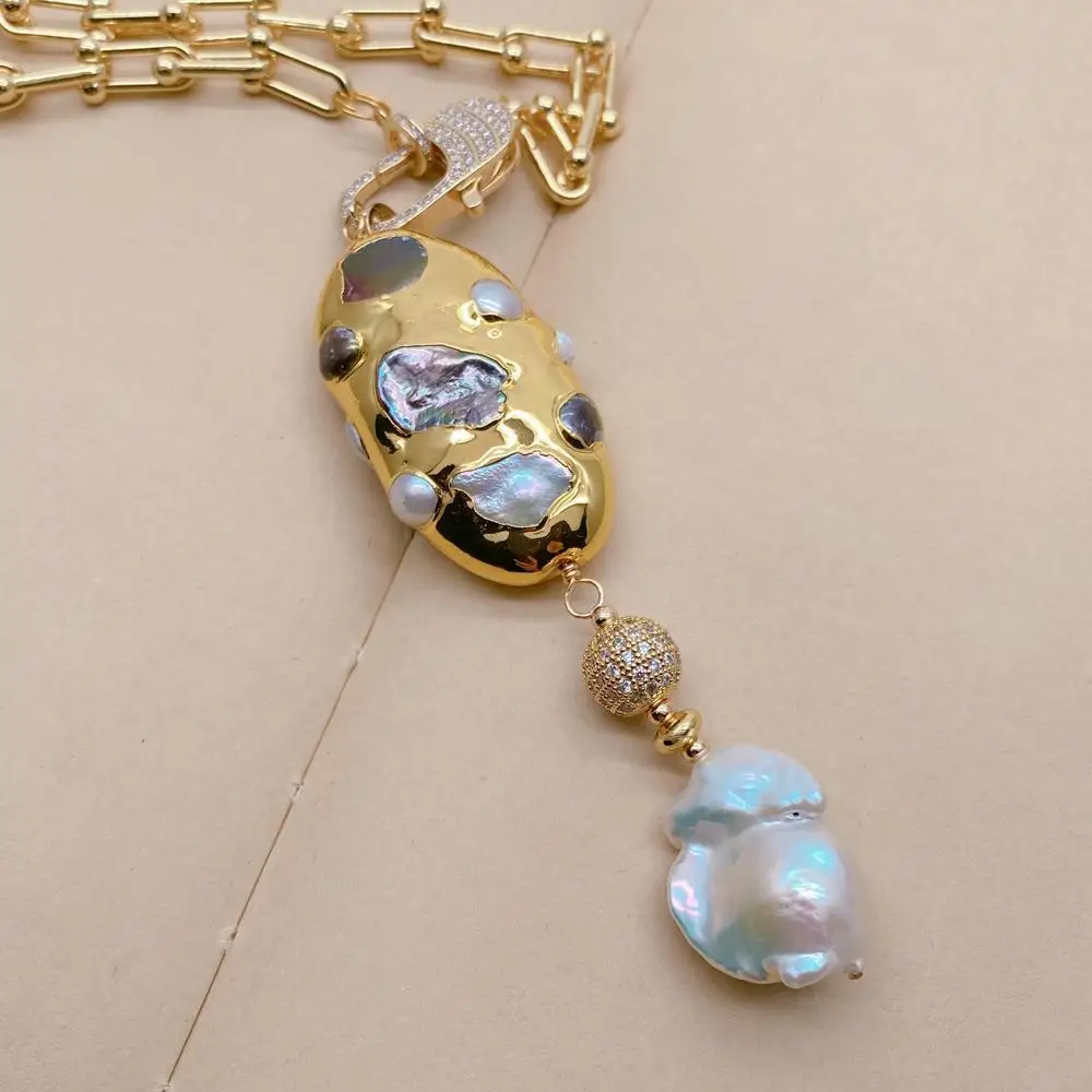 Kkgem 17x23mm White Baroque Pearl   Freshwater Multi Color Pearl Pendant 26x50mm Gold Plated Chain Necklaces view 3