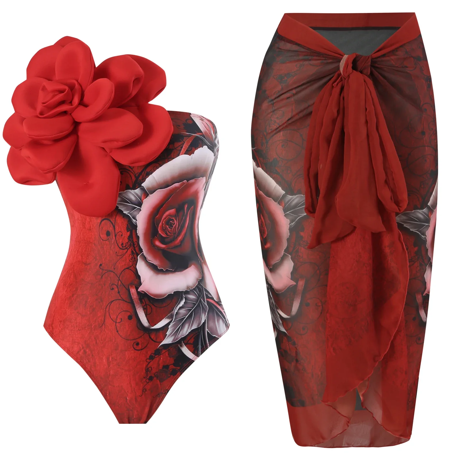 New one-piece single shoulder three-dimensional flower swimsuit