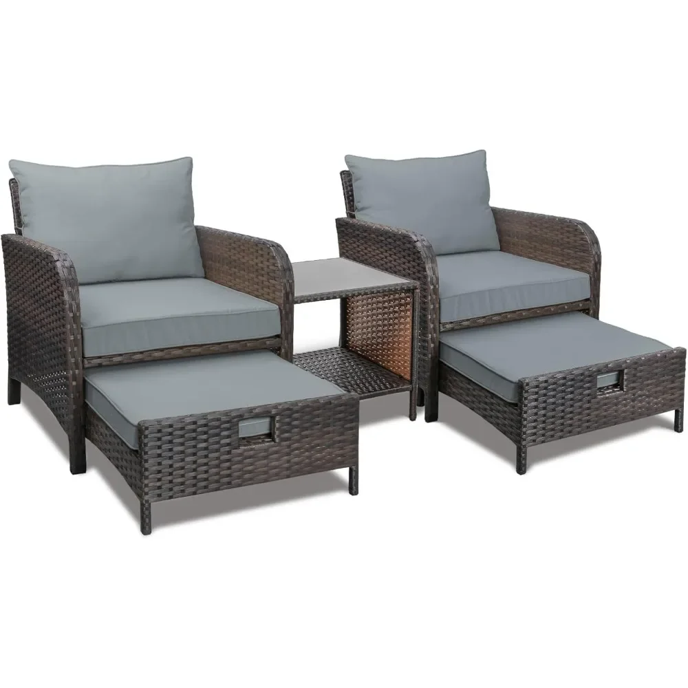 

Balcony Furniture 5 Piece Patio Conversation Set, W/Soft Cushions 2 Ottoman&Glass Table, PE Wicker Rattan Outdoor Lounge Chairs