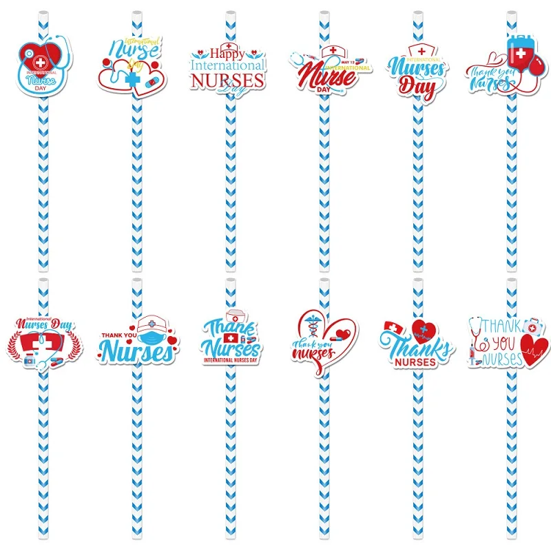 24pcs Happy International Nurses Day Disposable Paper Straws, Thank You Nurse Drinks Decoration Plug-In Supplies view 2