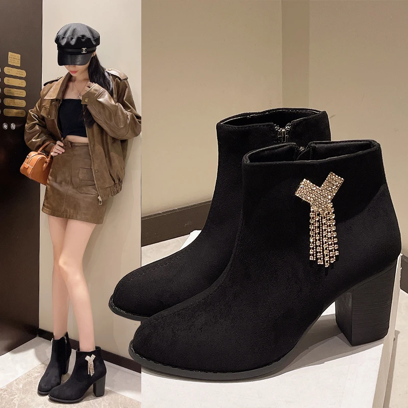 

Thickened Fleece Mid-Calf Boots Autumn Winter New Style Chunky Heel Half-Tube Cotton Boots Anti-Slip Soft Bottom Short Boot