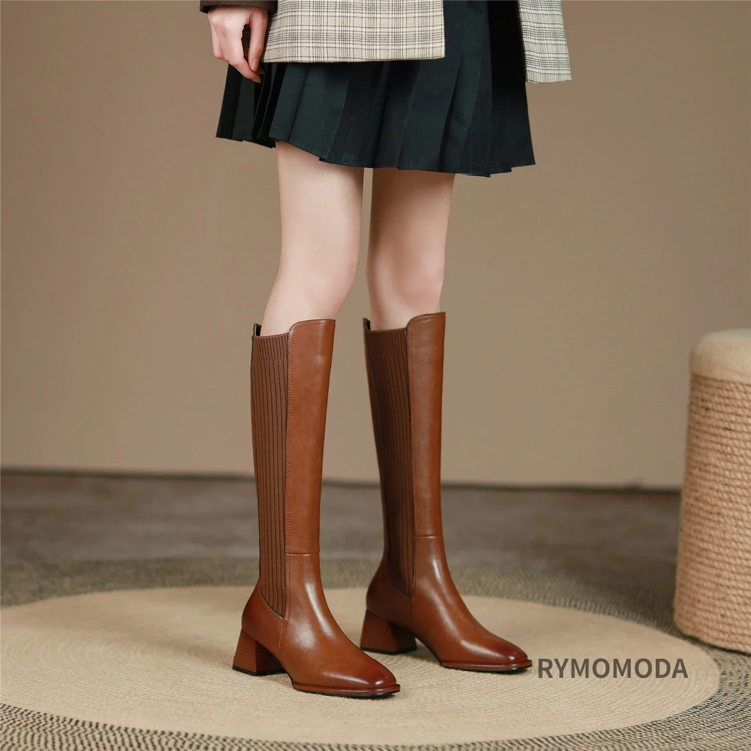 Women Knee High Boots 2022 Handmade Luxury Cow Genuine Leather ZIP Brown Black Block Heels Warm Long Boot Winter Shoes Size 42