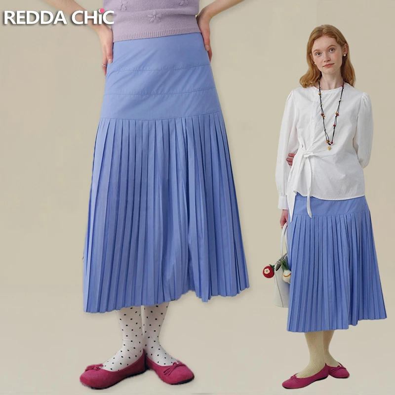 REDDACHiC السماء الزرقاء المرقعة الطية تنورة مكتب العمل عادية الصلبة رقيقة عالية الخصر ألف خط فلوي تنورة طويلة الصيف النساء قيعان