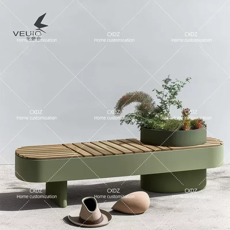 Outdoor Galvanized Sheet Flower Box Seat Stool Integrated Square Commercial Street Rest Stool Landscape Flower Pool Wrought