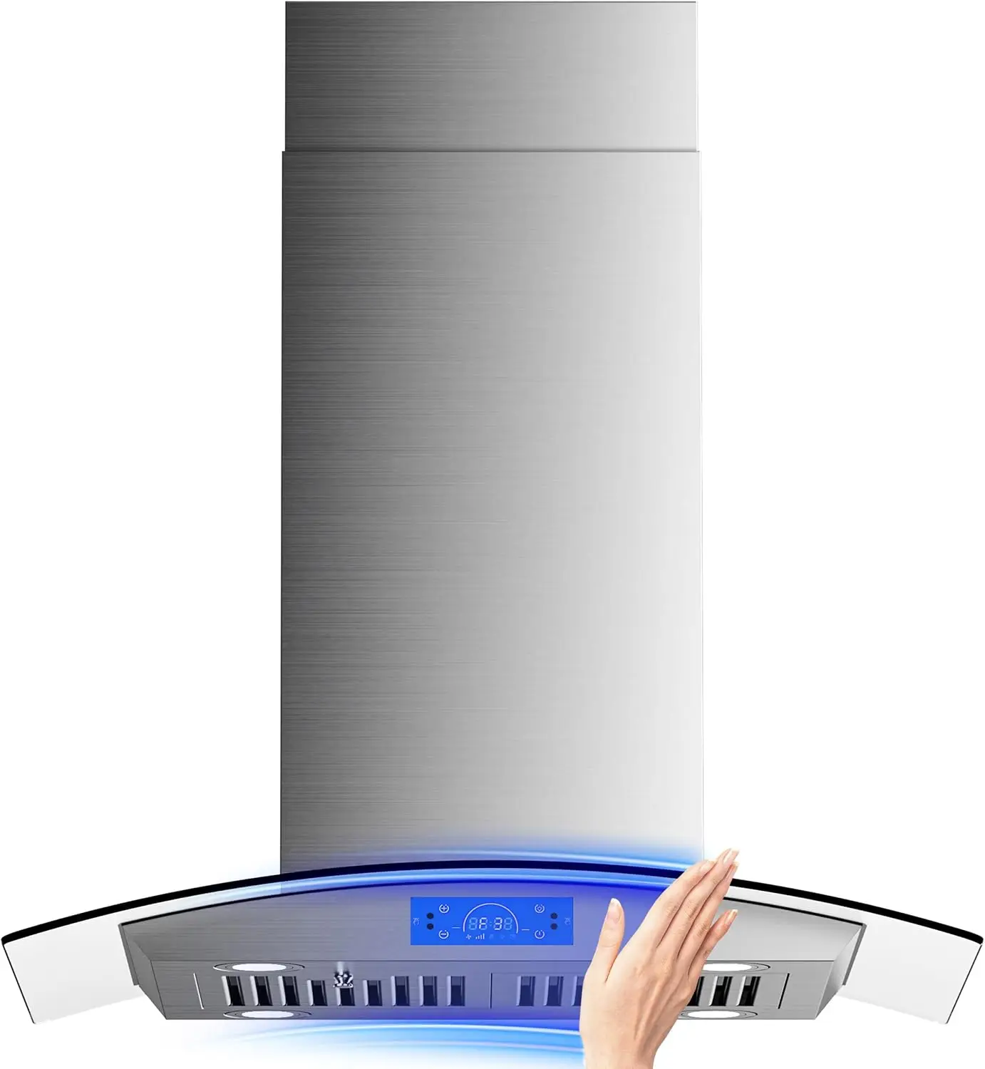 Island Range Hood 30 inch 700 CFM with Chimney, Ceiling Mount Kitchen Vent Hood with Tempered Glass, 4 LED Lights, Perma