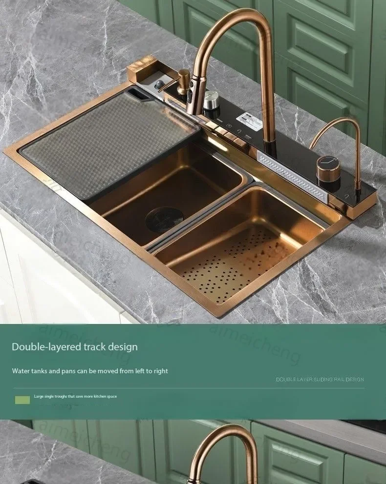 Large Single Slot Digital Display Home House Washing Sink Rose Gold Golden Waterfall Embossed Stainless Steel Kitchen Sink