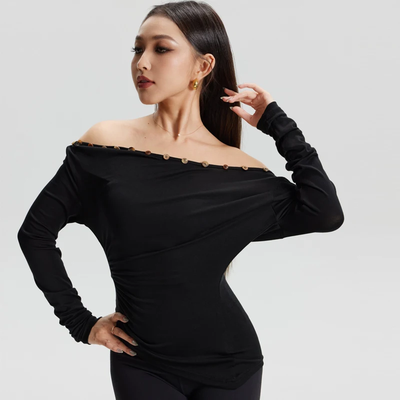 Schuine Schouder Latin Dans Praktijk Top Dames Rumba Ballroom Dans Tops Volwassenen Salsa Lange Mouwen Latin Dans Slijtage SL14621