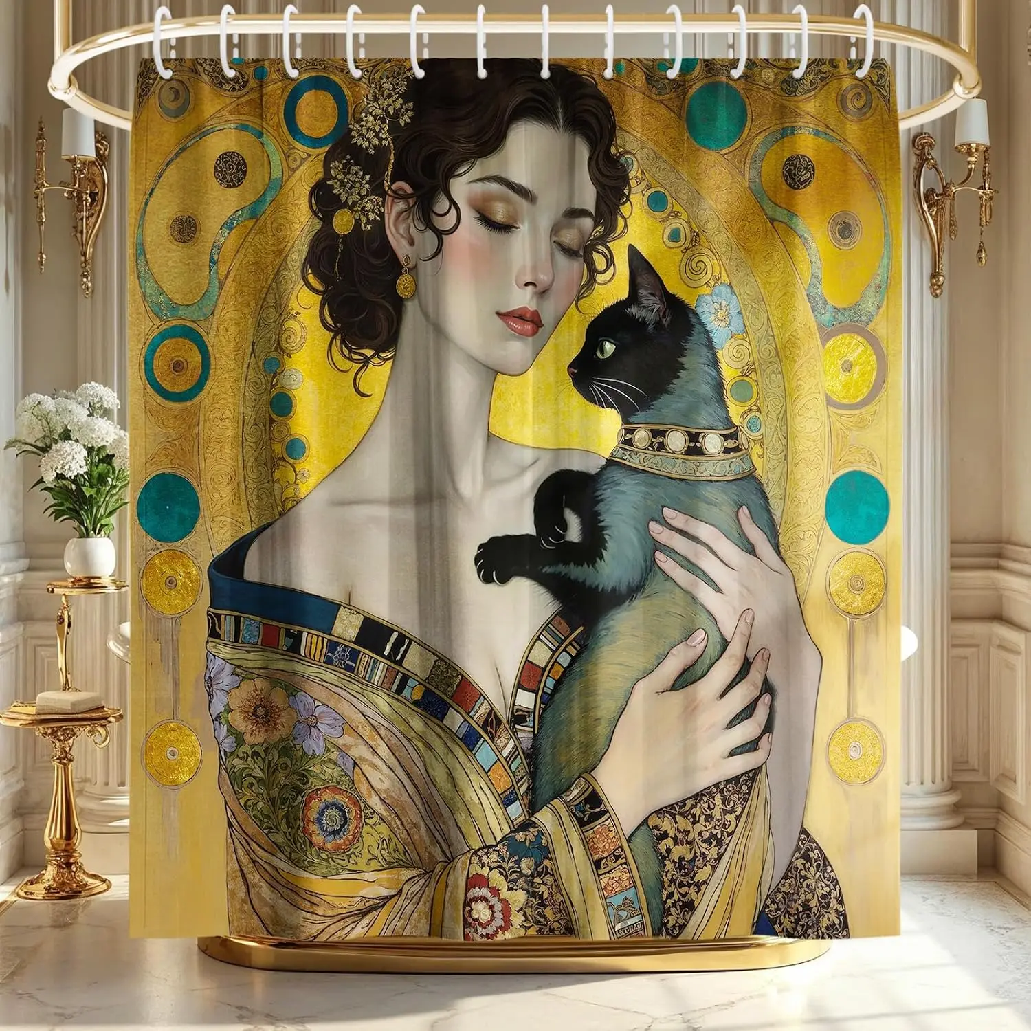 Luxury Bohemian Golden Yellow Art Shower Curtain Panel Woman and Cat Illustration Polyester Tapestry Bathroom Decor Tropical Vin