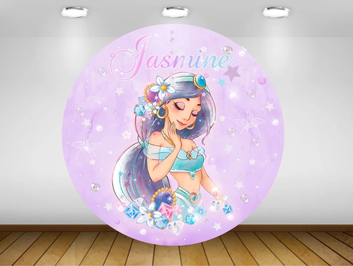 

Aladdin Princess Jasmine Circle Backdrop Photography Long Black Hair Girl Birthday Party Round Background Table Banner