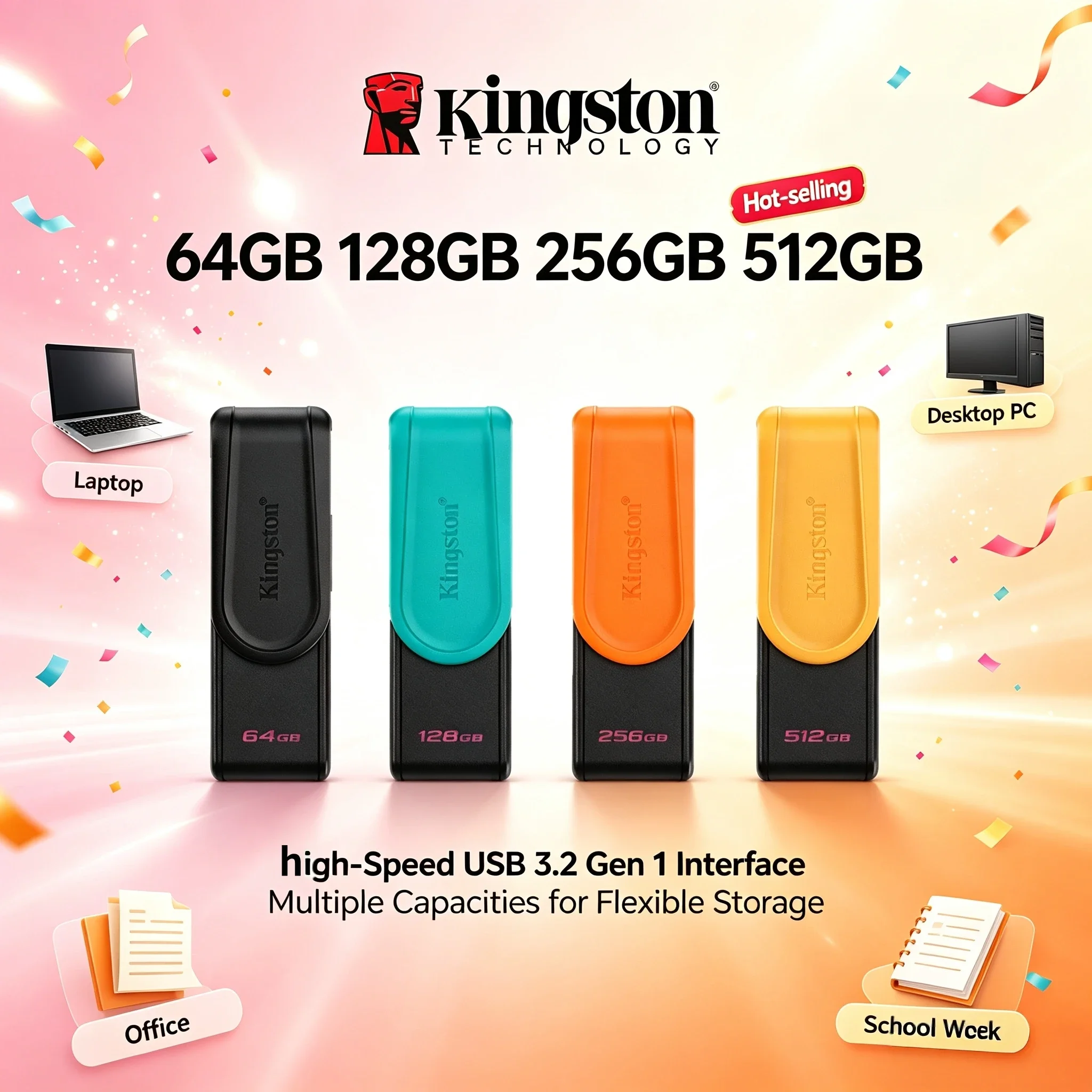 NEW Kingston 64GB 128GB 256GB Mini USB 32Gen1 Flash Drive Pen Drive Key Memory Stick High Speed for PC Desktop Laptop Office Use