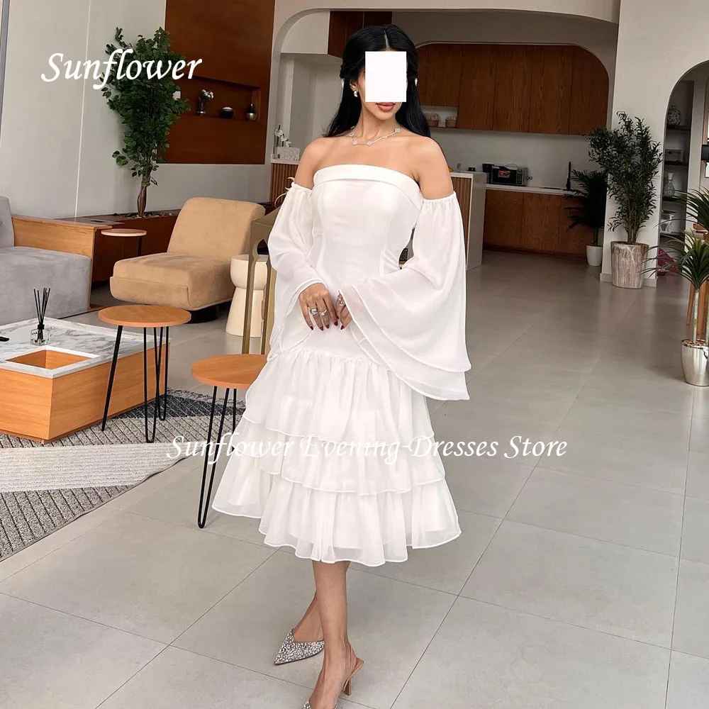 Sunflower Simple Strapless Chiffon A-LINE Prom Gowns 2024 High Quality Slim Tiered Long Sleeve Tea-Length Formal Evening Dress