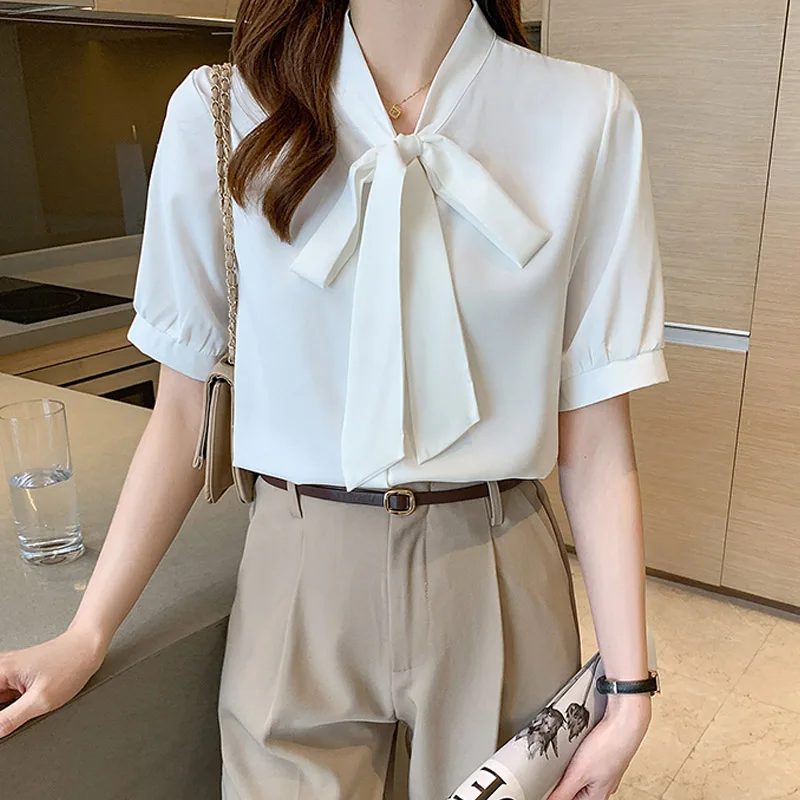 

Fashion Casual Office Lady White Shirt Women's Summer New Ribbon Bowknot Business Blouse Short Sleeve Blusa Top