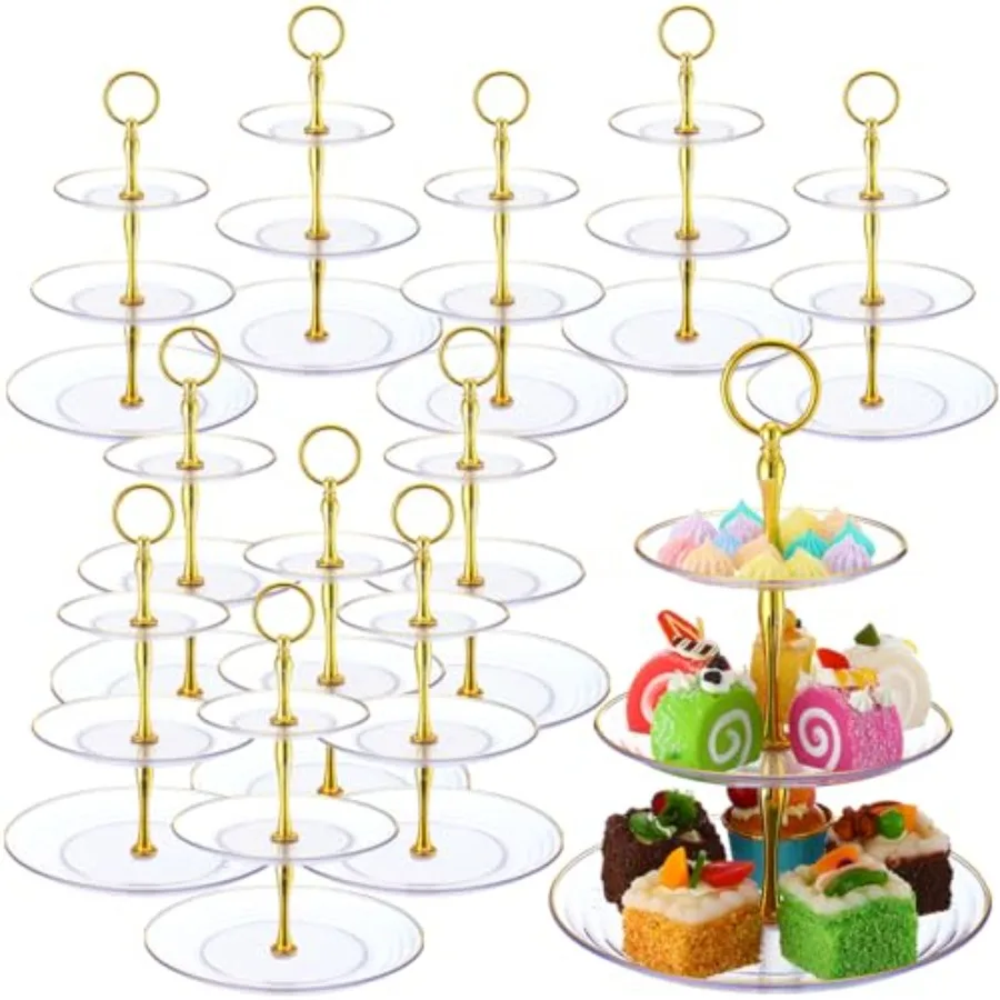 

12 Pack 3 Tier Cupcake Stand Bulk Tiered Dessert Stand Thick Plastic Serving Tray with Gold Edges Dessert Table Display Set Tea