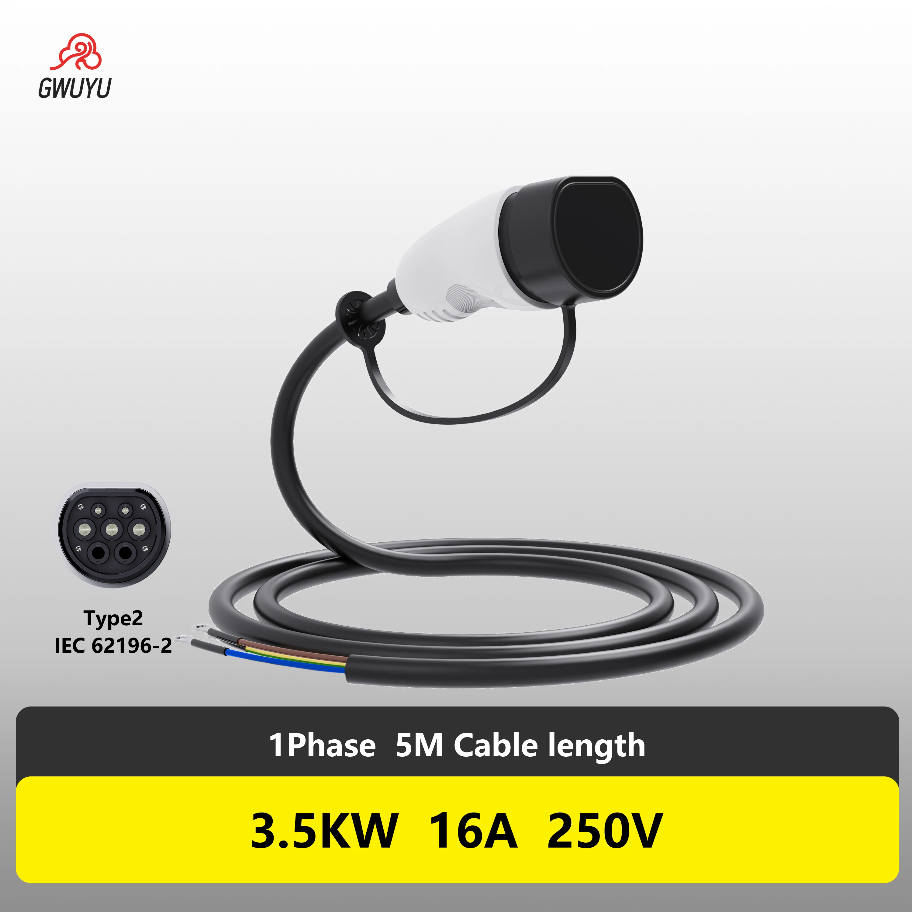 EV Charger Plug with 5M Cable 11KW 16A 1Phase 250V Type 2 IEC62196-2 Female to Open Wire Suitable for Electric Vehicle Charging