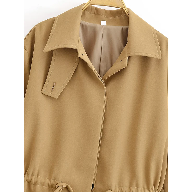 Коричневая куртка с регулируемыми завязками на талии для женщин, уличное пальто с длинными рукавами и пуговицами спереди, женское весенне-осеннее пальто