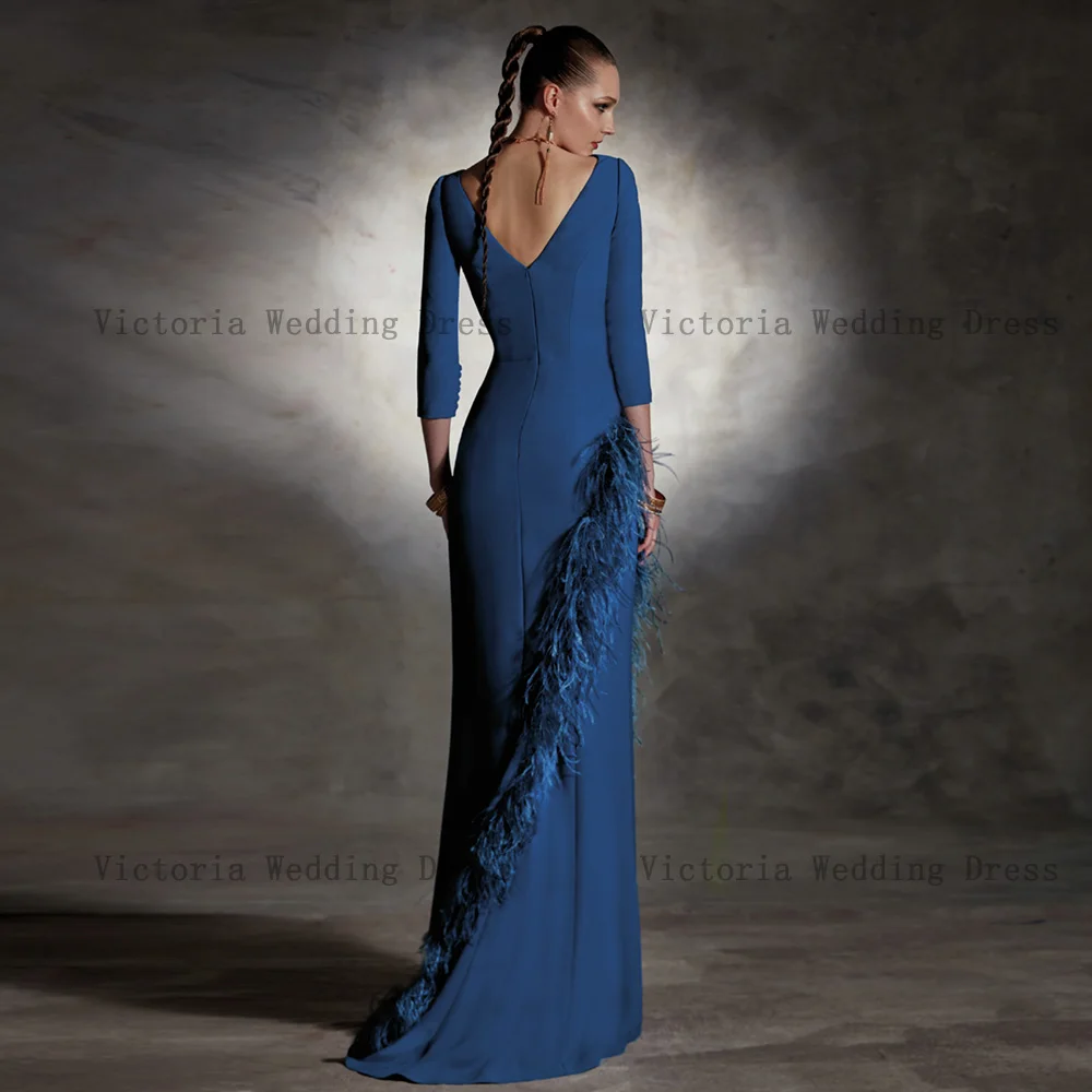 Elegant Blue Mother of the Bride Dresses O Neck 3/4 Sleeves Mermaid Wedding Party Gowns Feather Floor-Length فساتين السهرة