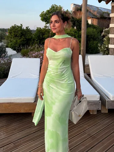 Imagen 2 del producto HH Vestido Midi de tul decorado con bufanda romántica verde claro para vacaciones de verano para mujer, vestido largo ajustado con espalda descubierta y tirantes Sexy