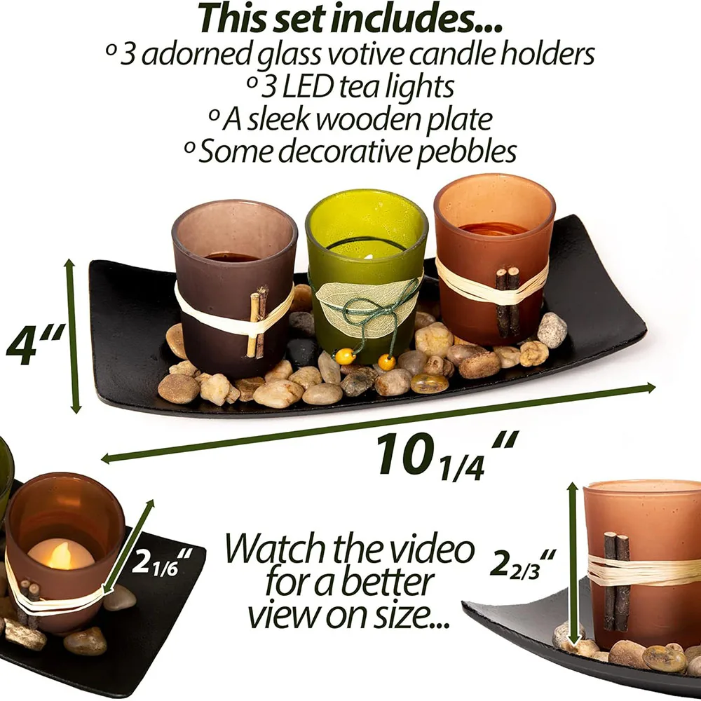 Decorative Votive Candle Holders, Vintage Decor Flameless Natural Candlescape Set, 3 LED Tea Light Candles, Rocks and Tray