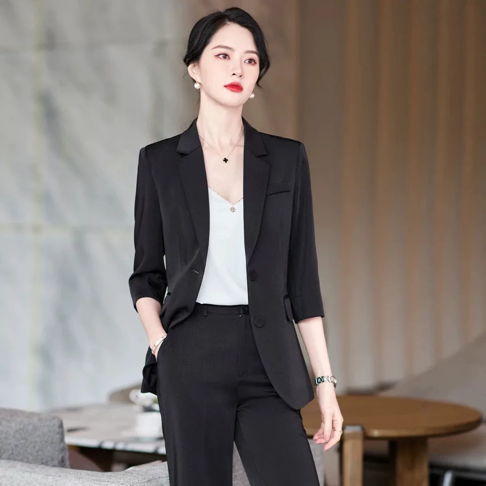 Women Professional Suit Summer Solid Color Single-breasted Medium-sleeved Blazer and Trousers Two-piece Set Ladies Work Clothes