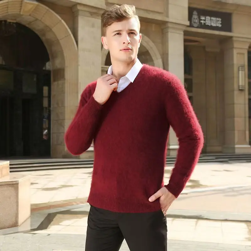 

Autumn Winter Thick Warm Mink Cashmere Sweater Men's V-neck Solid Color Knitted Casual Sweater Loose Plus Size Bottoming Shirt