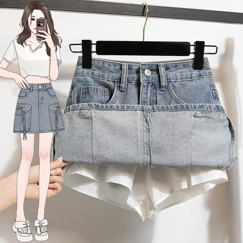 Plus Size Denim Skirt Women 2024 Summer New Arrival High Waisted Mini Jeans Skirts With Linging Korean Style Casual Denim Skirt