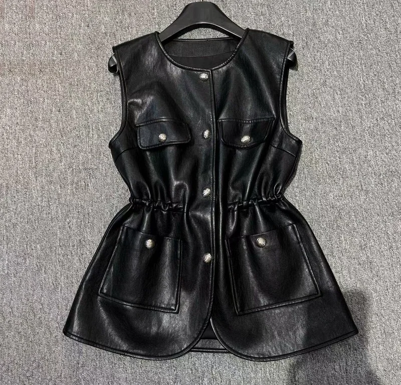 Nieuwste mode jas bovenkleding hoge kwaliteit PU leer dameszak trekkoord taille patchwork casual zwart kaki vest jassen