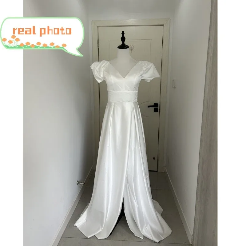 Abiti da sposa in raso con scollo A v manica corta abito da sposa Sexy senza schienale diviso elegante lungo una linea semplice Vestidos De Novia