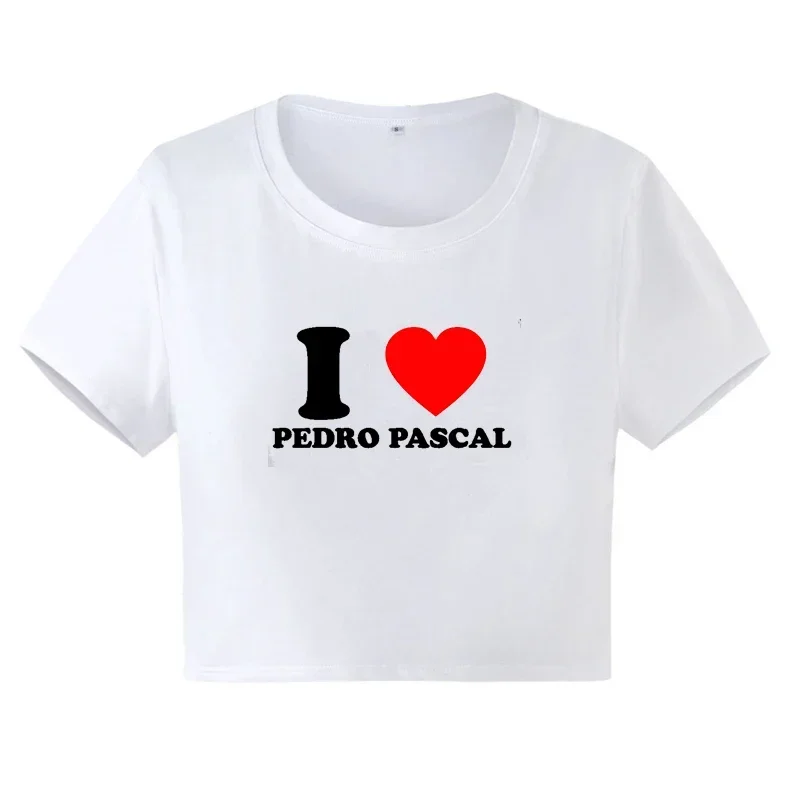 I Love Pedro Pascal Funny Red Love Heart Women Cropped Top 2000s Grunge Baby Tee Causal Baby Tee Harajuku T-shirts Femme