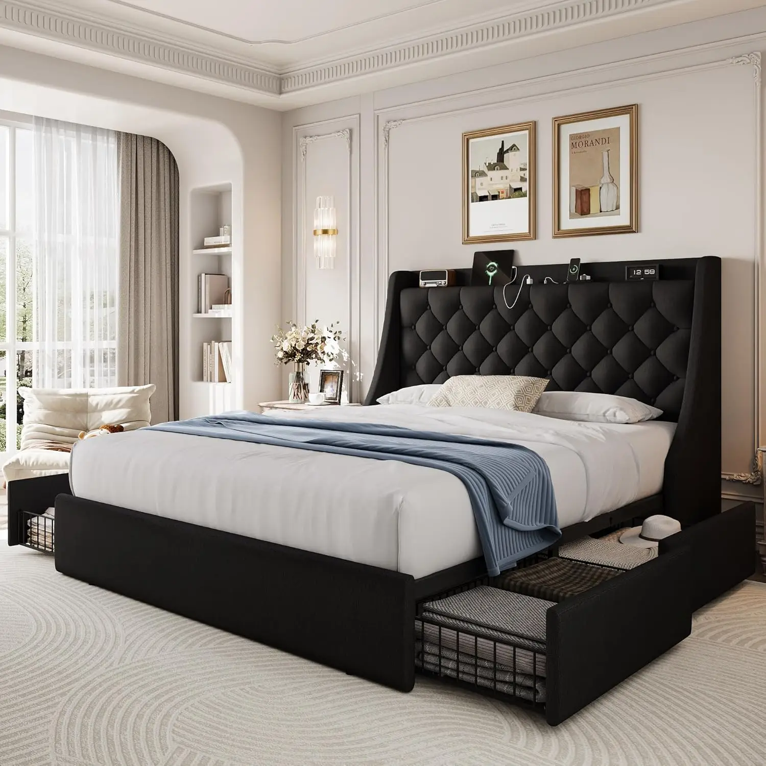 Queen Upholstered Platform Bed Frame with Storage Drawers USB Charging Wingback Headboard Wooden Slats No Box Spring, Customized