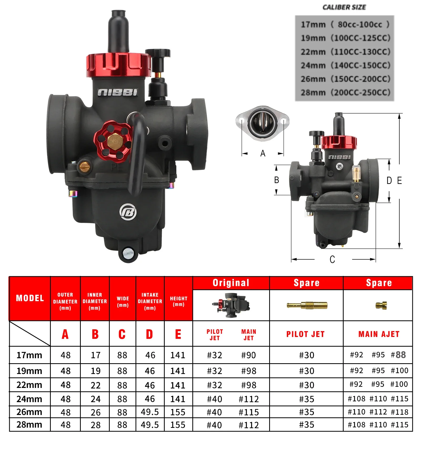 NIBBI-Carburador Universal Motocicleta Cortina Plana, Flange Air Filter para Yamaha e Suzuki, PE17mm, PE24 mm, PE26mm, PE28mm