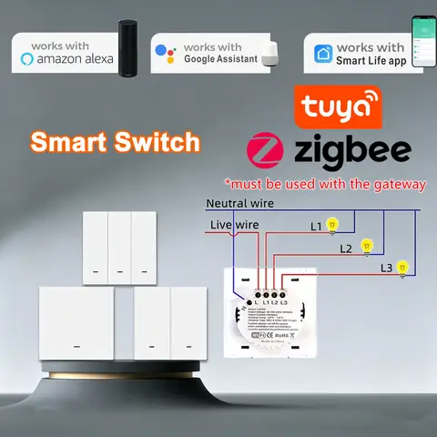Tuya Zigbee3.0 Smart Light Switch Module 10A AC90-250V No Neutral Wire Smart Life Alexa Home Automation Relay Controller