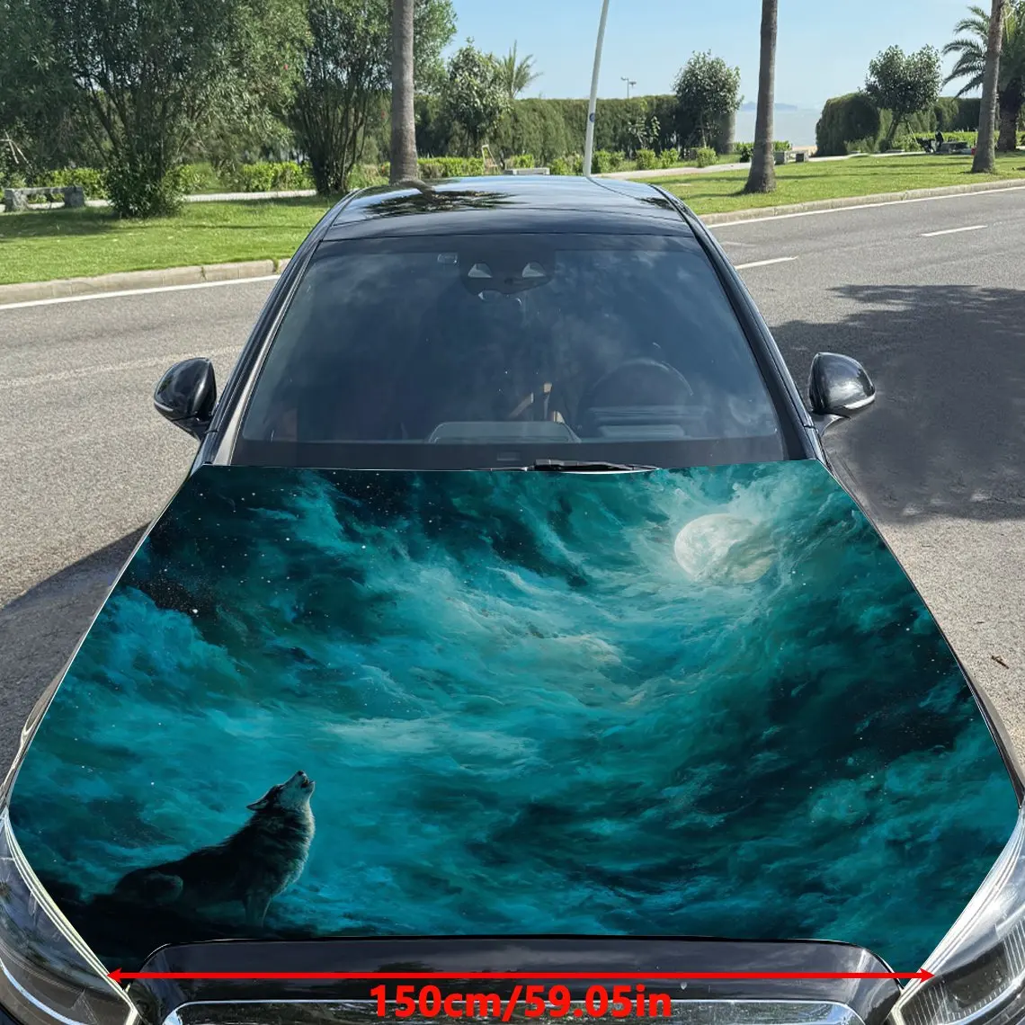 Car Decals A Wolf Conveying Power And Freedom Amid Dynamic Turquoise Waves Car Hood Sticker, Waterproof Self - Adhesive Vinyl Gr
