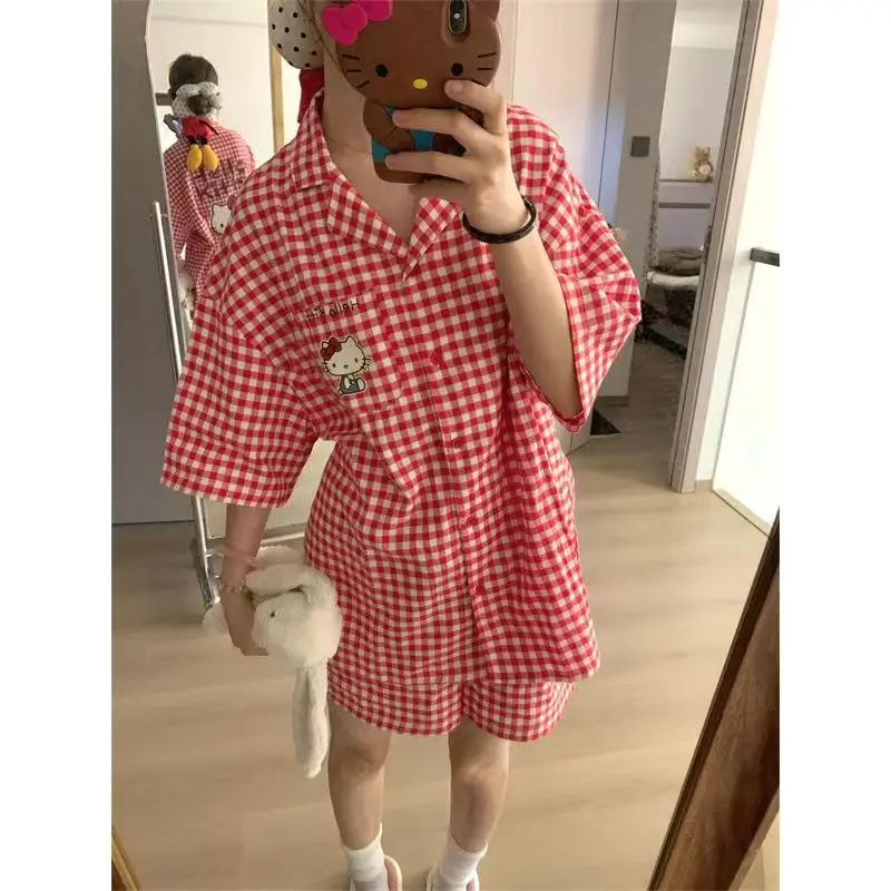 

Sanrio Cartoon Hello Kitty Pajamas Anime Kawaii Comfortable New Summer Cardigan Large Size Two-Piece Set Cute Girls Home Clothes