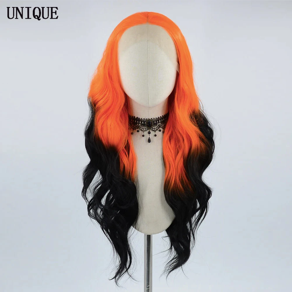 UNIQUE Long 26 Inch Synthetic Ombre Wig Orange Black Lace Front Wigs for Women Heat Resistant Fiber Glueless Body Wave Wig Hair