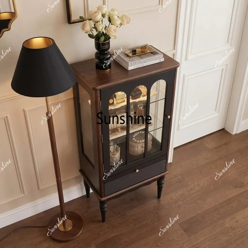 Medieval style solid wood glass wine cabinet small apartment living room dining side cabinet