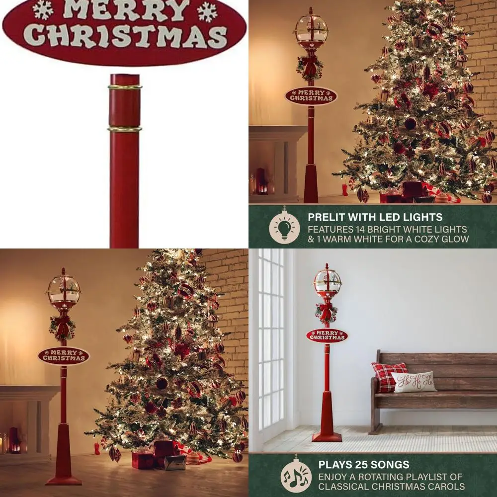 عمود مصباح سانتا كلوز سنو غلوب الأحمر مع موسيقى الثلج والكريسماس المتتالية، ديكور 69 طويلًا لغرفة المعيشة والبهو