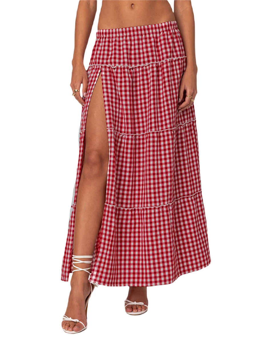 Vrouwen Gingham Kant Split Gelaagde Maxi Rok Y 2K Elastische Taille Flowy Vintage Plaid Een Lijn Lange Rok Zomerkleding