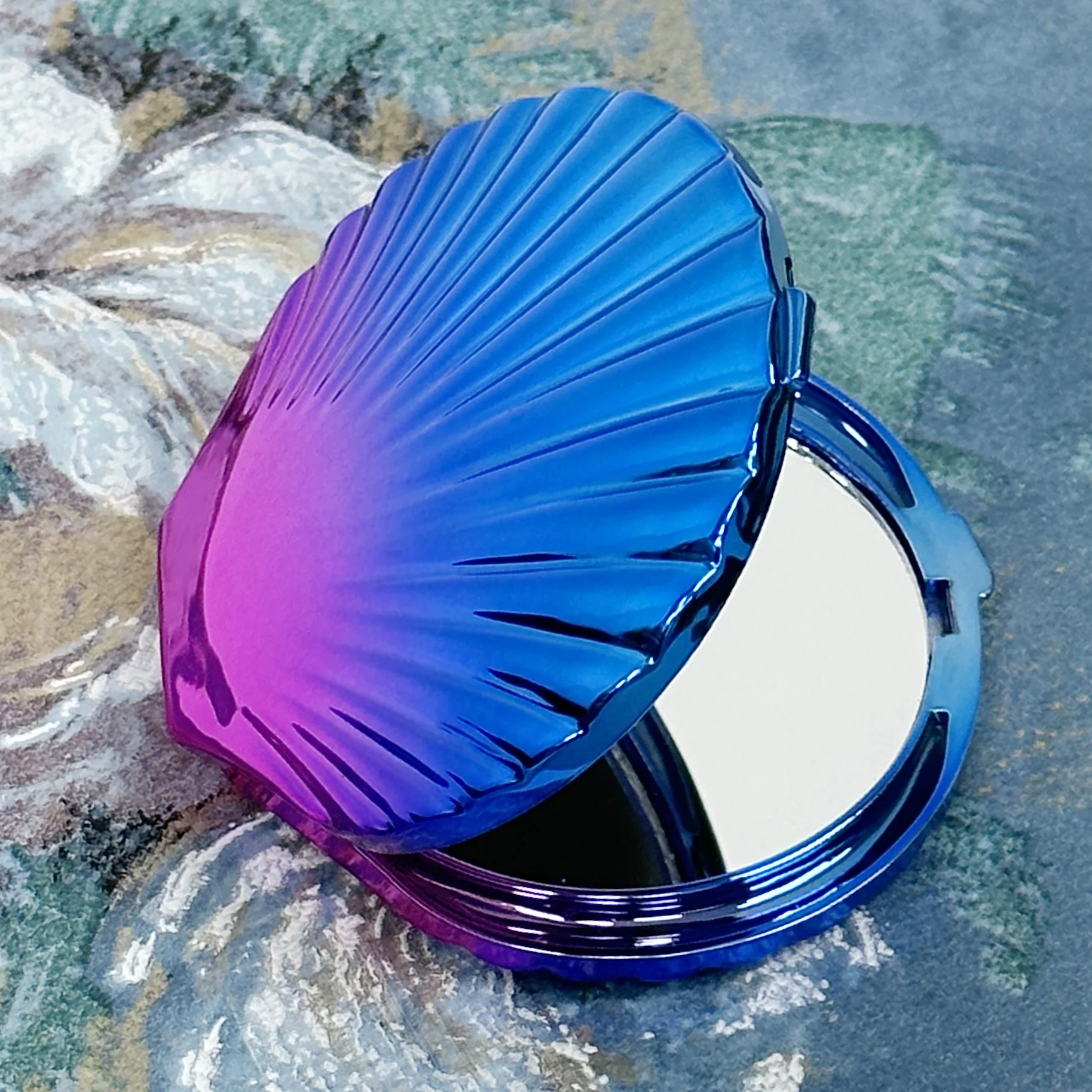 Blue and Purple Shell Shaped Folding Makeup Mirror 1X/2X Double Sided Hand Mirror