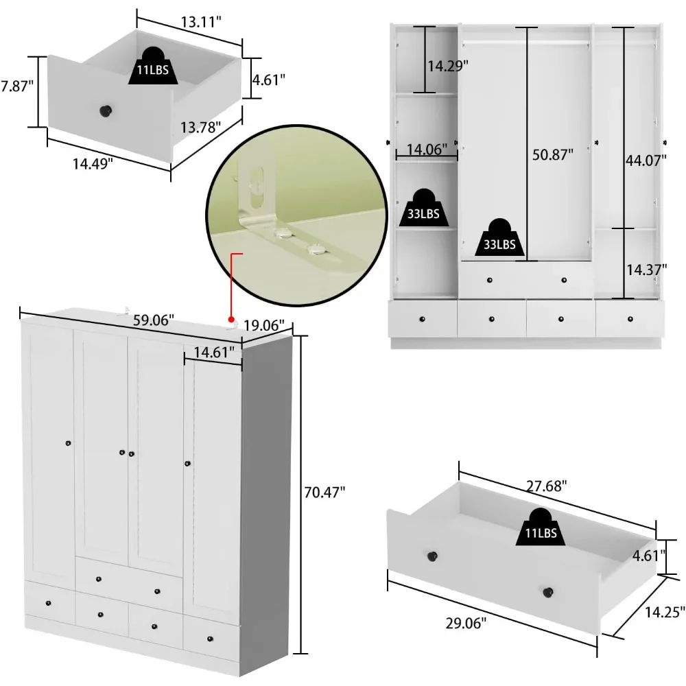 Large Wardrobe Armoire with Multi-Tier Shelves,5 Drawers,Hanging Rod 4 Louver Doors,Wooden Closet Storage Cabinet Bedroom,White