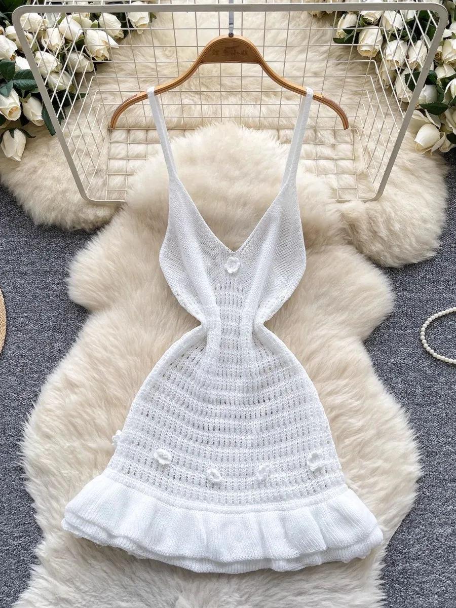 Foamlina Summer Ruffle Knit Dress Women Sexy Chid Girl's Halter Bodycon 3D Floral Cinched Waist Mini A-line Dress Holiday