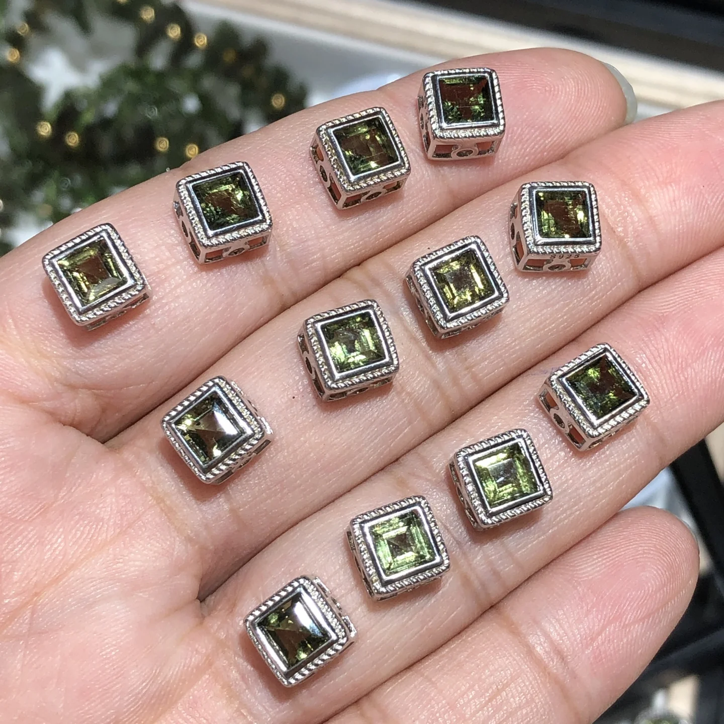 

1 Pc Fengbaowu Natural Moldavite Square Beads 925 Sterling Silver Reiki Healing Stone Jewelry Gift For Women DIY Accessories