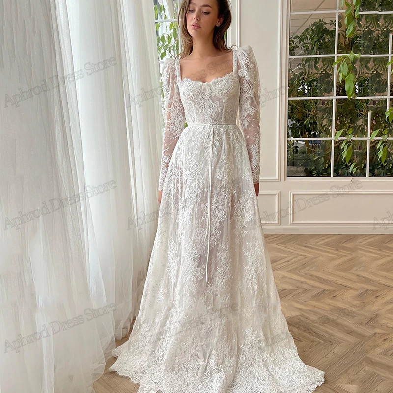 Exquisite Wedding Dresses A-Line Bridal Gowns Lace Appliques Full Sleeves Square Robes Glamorous Vestidos De Novia Customized