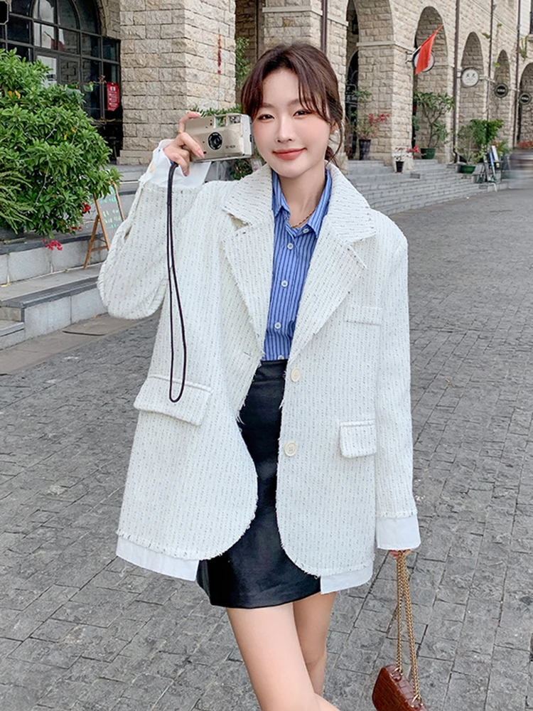 LANMREM Autumn Korean Version Fringed Patchwork Loose Blazer For Women Nocthed Collar Single Breasted Chic Coat 2DA8024