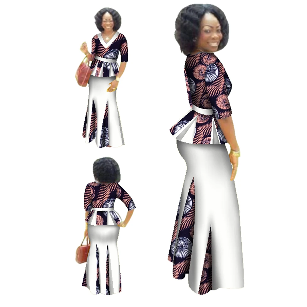 Traditional African Clothing 2 Piece Set Women Clothes Half Sleeve Maxi Dress Dashiki African Print Skirt free Scarf 6XL WY1435
