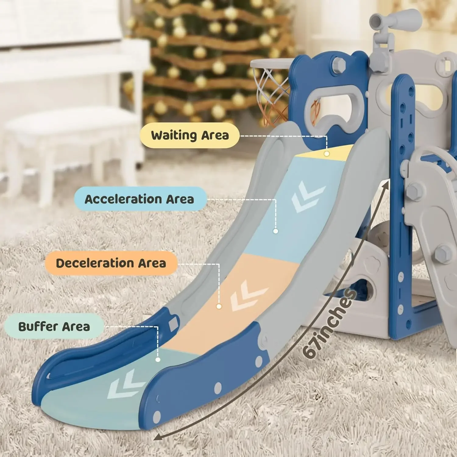 6 in 1 Kids Indoor Slide for Toddlers 1-3, Baby Slide for Indoor Outdoor with Basketball Hoop and Telescope, L Sh