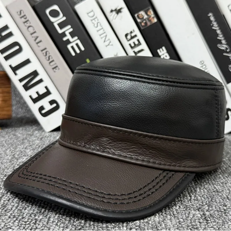 New Autumn Winter Cowhide Warm Military Hats Flat Caps For Men Personality Brands Genuine Leather Cap Adjustable Size Golf Cap