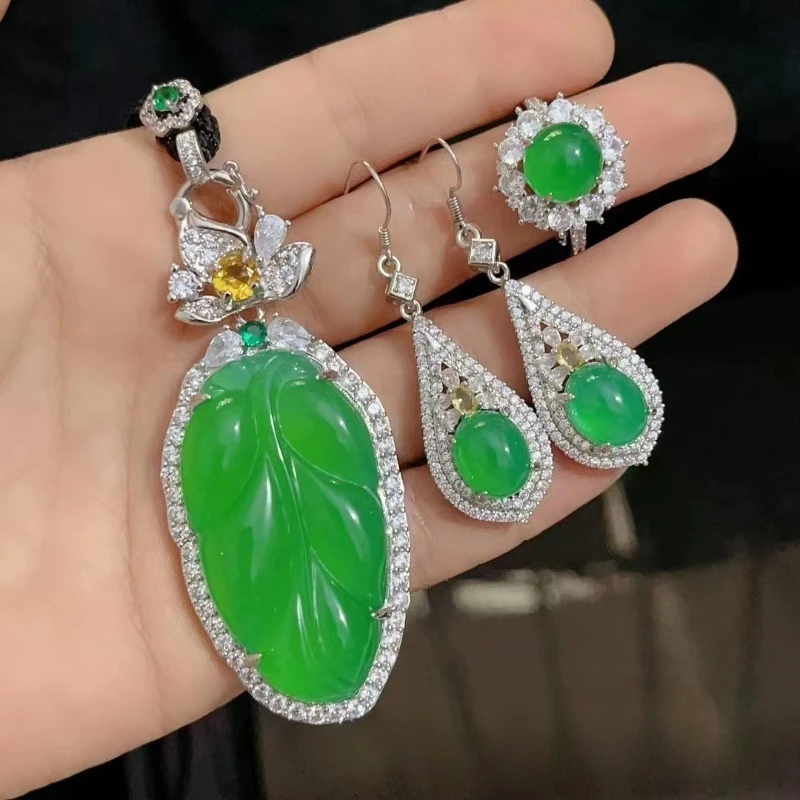 

Ice Seed Green Jade Marrow Set Pendant Ring Earrings Leaves Water Droplets No Matter Brand Buddha God Necklace Temperament Gift
