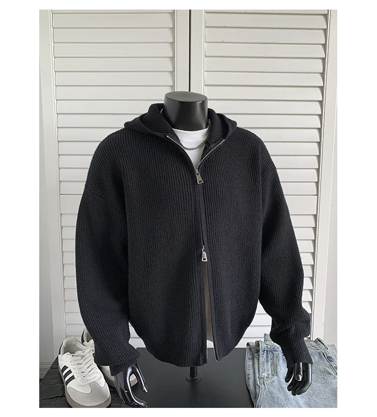 2026 New Autumn Winter Simple Solid Color Knitted Hoodie Men Japan Korean Fashion Casual Loose Double Zipper Hooded Jacket